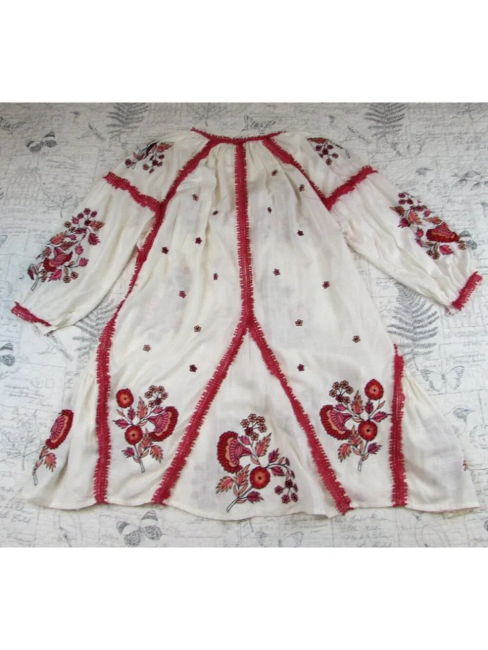 Anthropologie Ranna Gill, Hadley Embroidered Tunic DRESS Ivory, Red Floral, Sz L - Picture 6 of 8